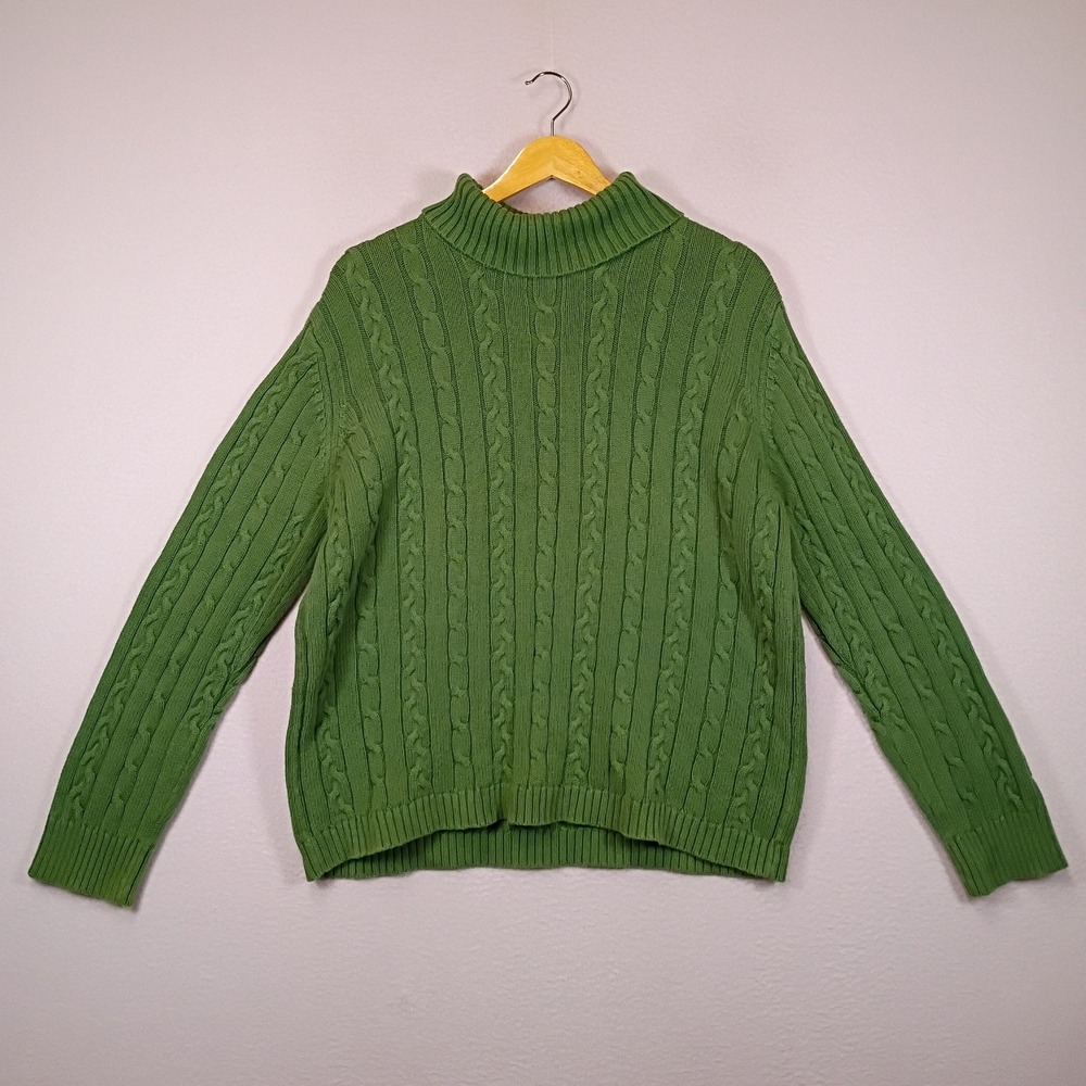 Preppy Preswick & Moore Womens XL Green Cable Knit Cotton Mock Neck Sweater